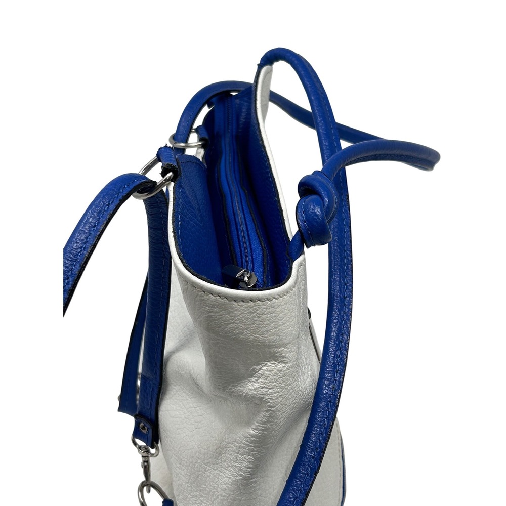 Genuine‎ Leather Made in Italy White Blue Slouchy Shoulder Bag Tote Pebbled - Picture 10 of 13